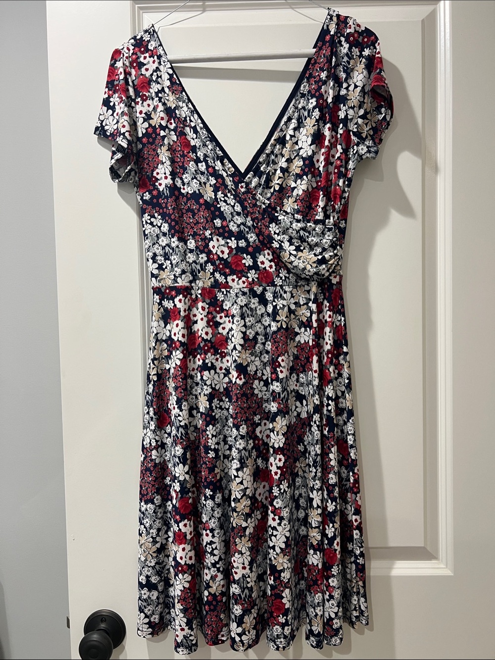 Kaileigh Navy Floral Wrap V-Neck Dress with Red & White Accents